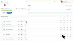 Educator account in Xello. The Completion Standards report page is open. The cursor is clicking on a task that has 57% progress. There's a side panel that shows that Learning Style quiz is 56% complete by students. There are breakdowns by group available